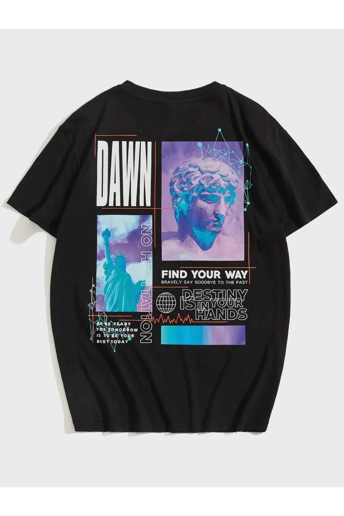 Erkek Siyah Oversize Dawn Bask?l? T-shirt